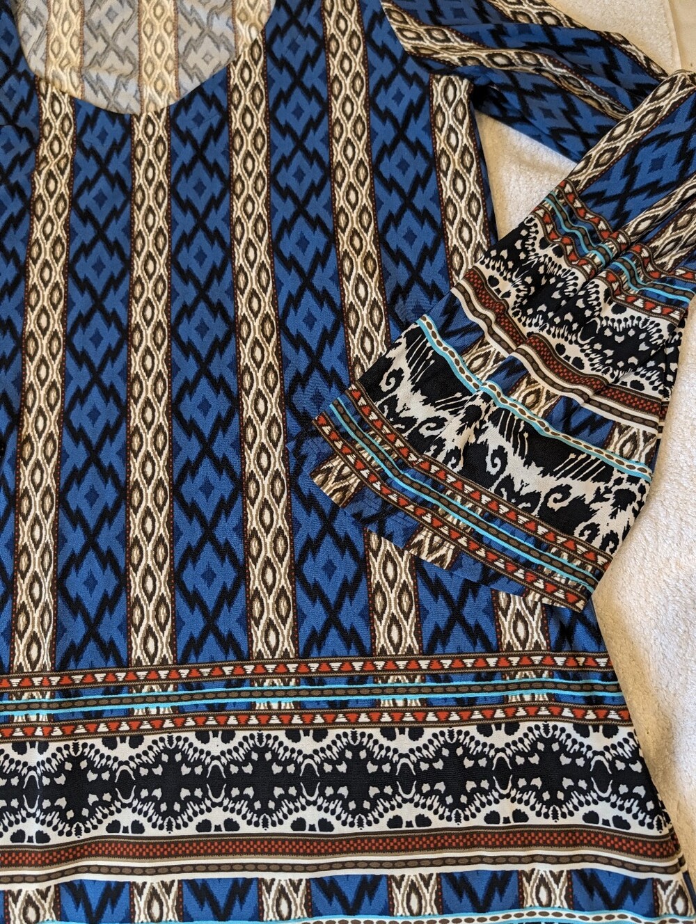 Suzy Shier Boho Geometric Ikat Shift Dress Tunic Bell Sleeve Blue Brown Size M - Picture 3 of 9